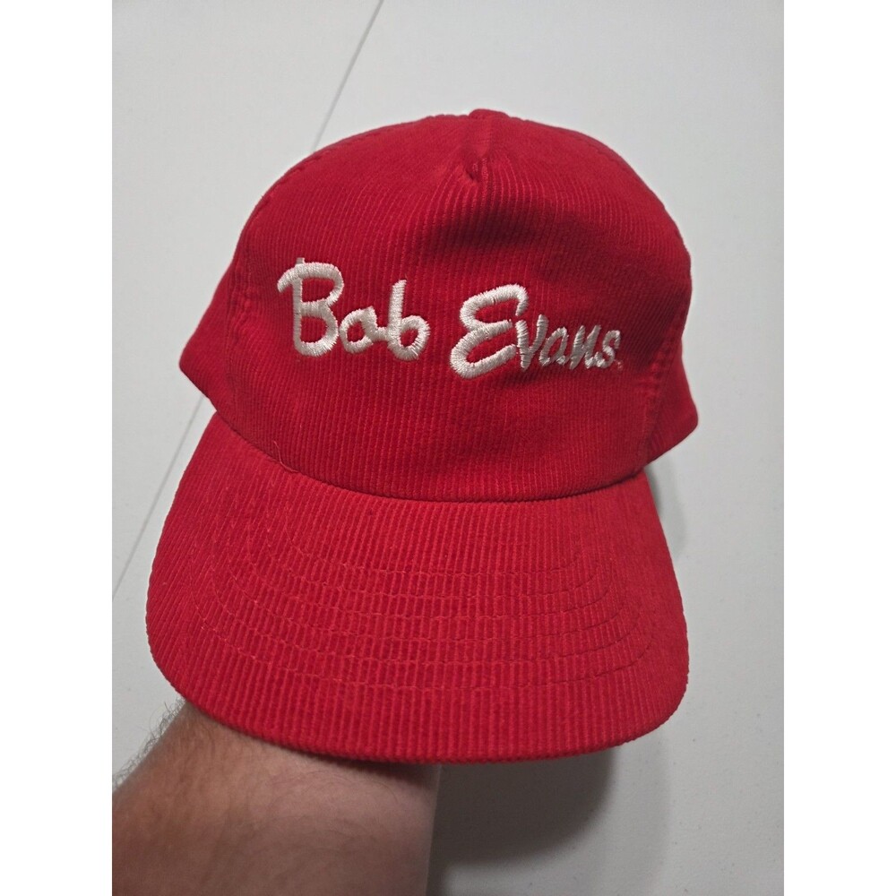 Vintage Bob Evans Hat Corduroy Snapback Cap Red Script Restaurant Promo Eire